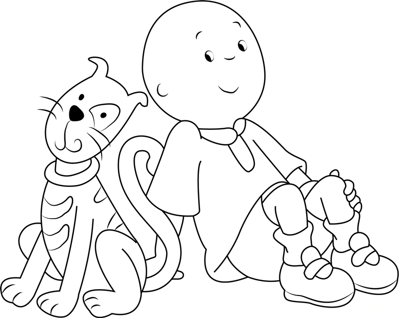 Dibujo de Caillou Sonriendo Con Gato para Colorear y Imprimir
