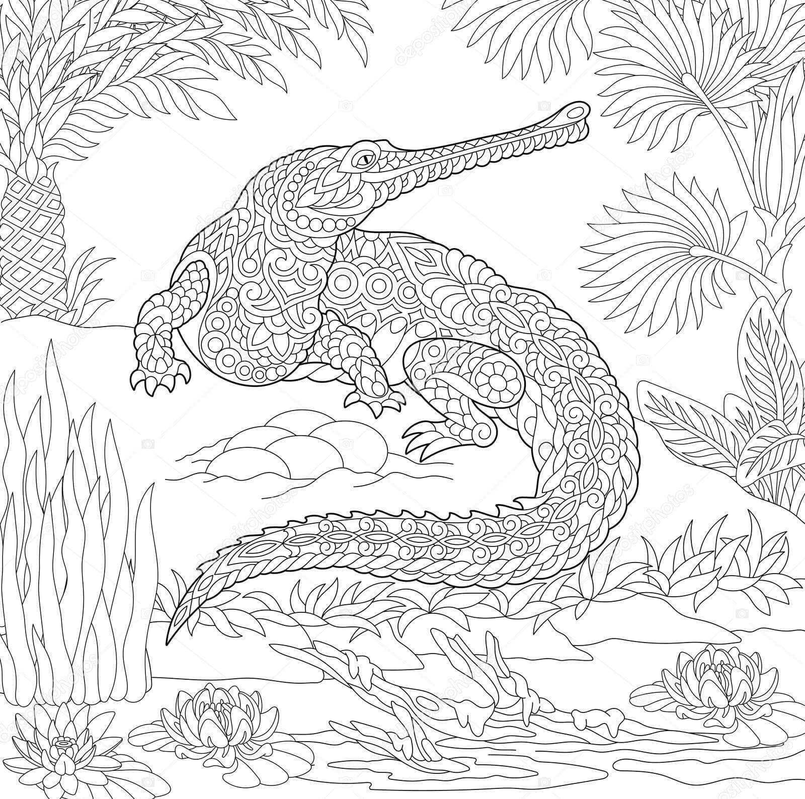 Dibujo de Cocodrilo Gavial Zentangle para Colorear y Imprimir