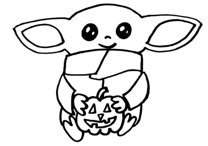 dibujo bebe yoda sosteniendo calabaza para colorear
