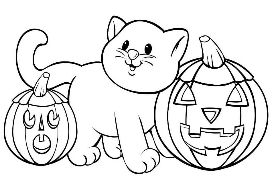 dibujo gato con dos calabazas para colorear