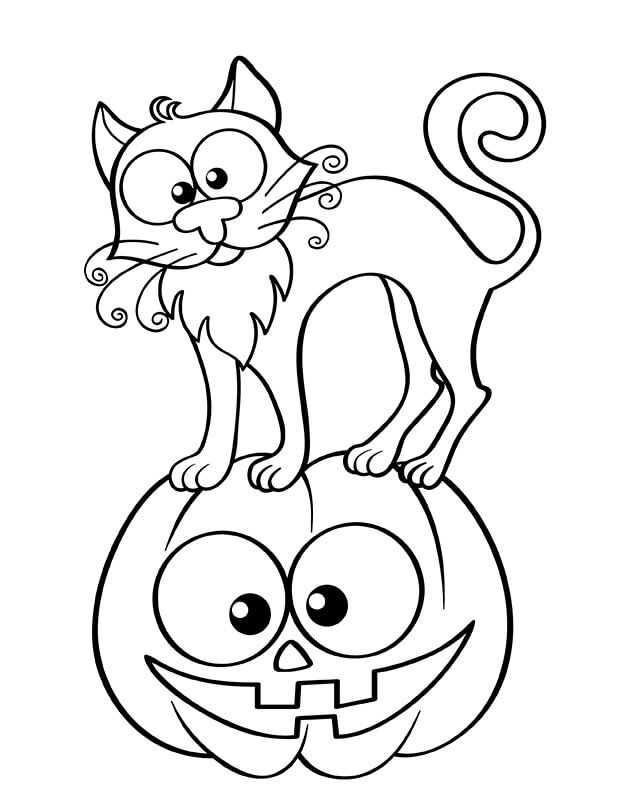 dibujo gato de dibujos animados de pie sobre calabaza para colorear