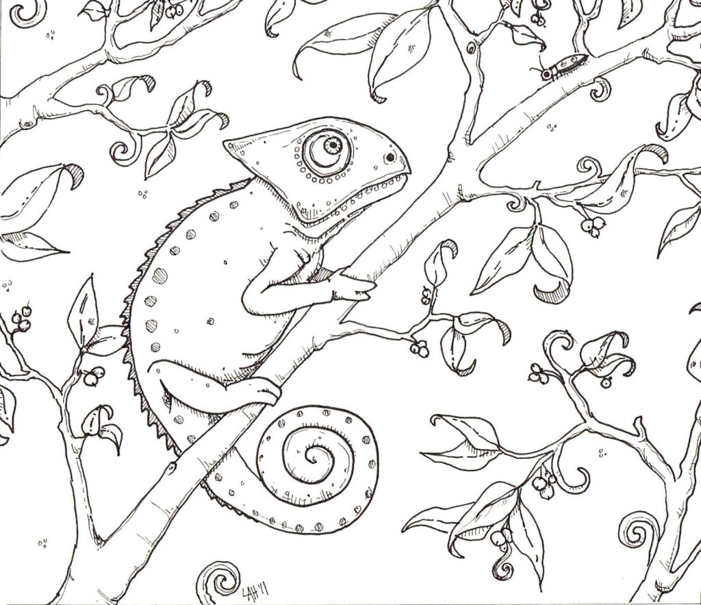 Dibujo de Camaleón En Rama de Árbol para Colorear y Imprimir