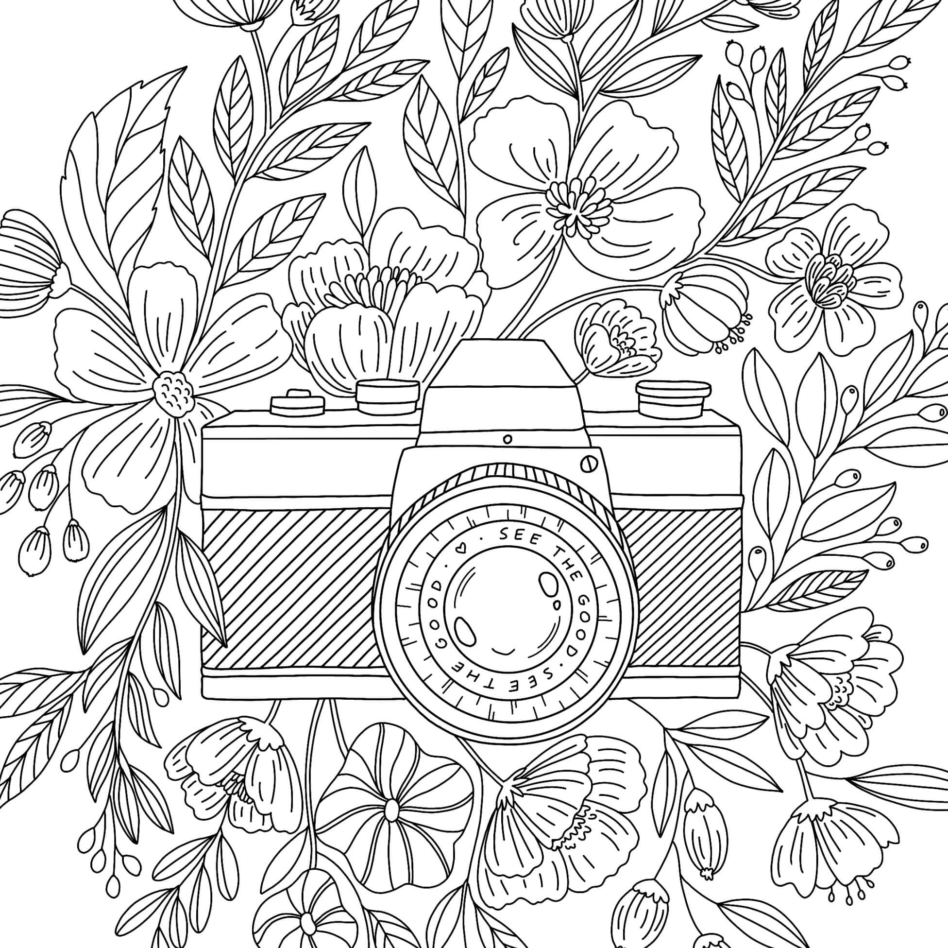 Dibujo de Cámara Con Flor para Colorear y Imprimir