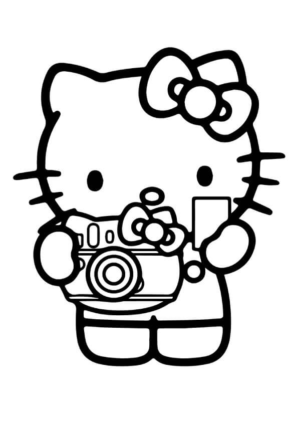 Dibujo de Hello Kitty Sosteniendo La Cámara para Colorear y Imprimir