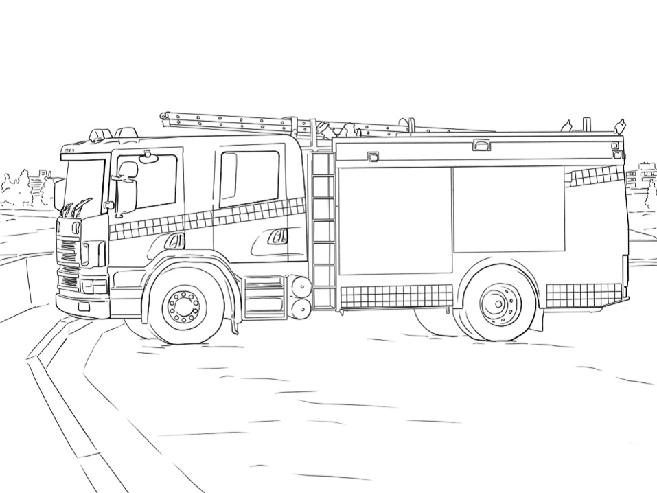 dibujo camion de bomberos en la carretera imprimir y colorear