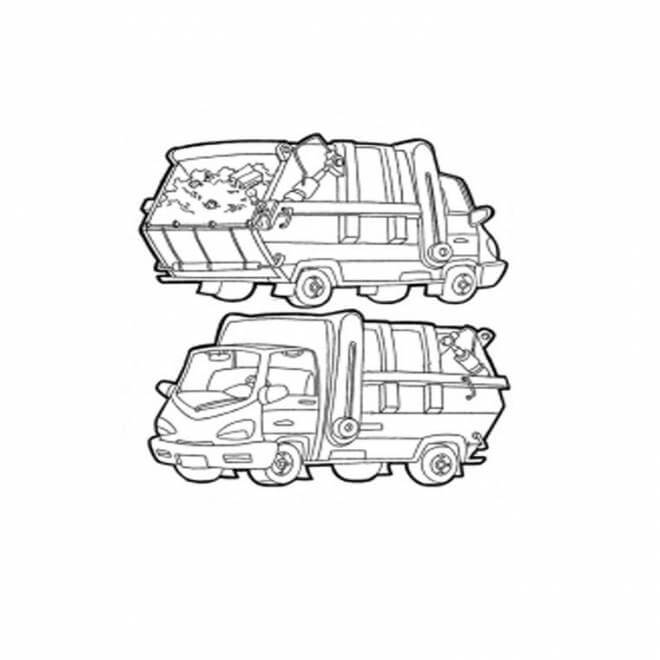 dibujo camion de basura y dos recolectores de basura para imprimir y colorear