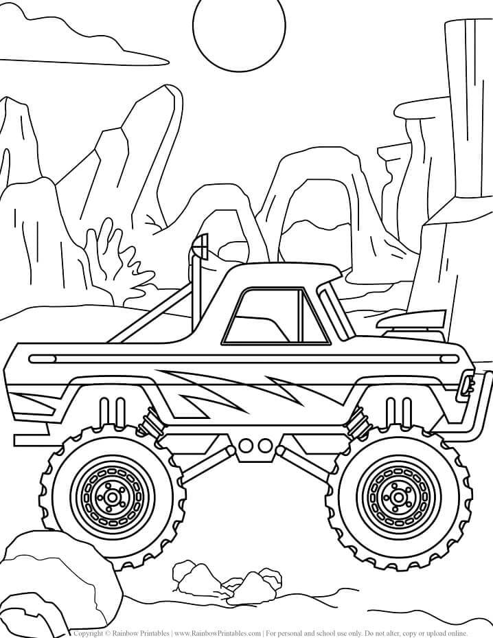 Dibujo de Camión Monstruo En El Desierto para Colorear y Imprimir