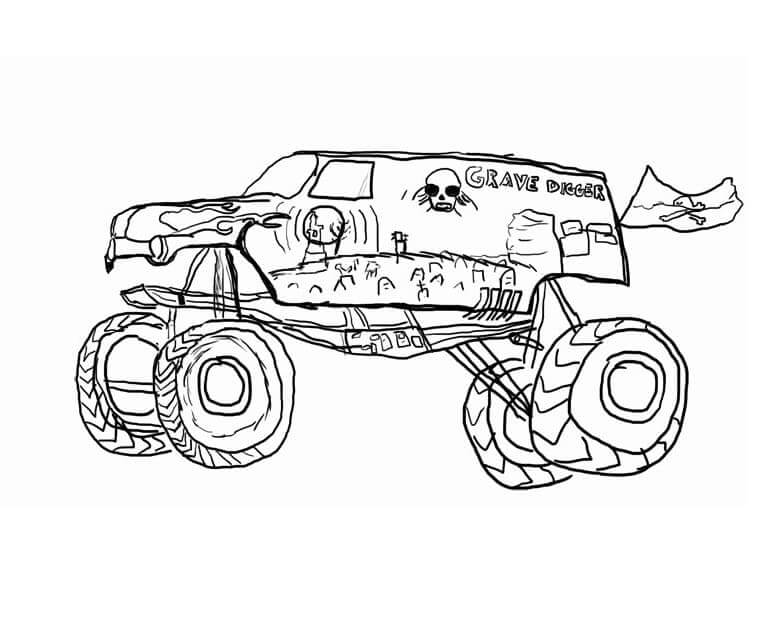 Dibujo de Excavadora de Tumbas de Camión Monstruo para Colorear y Imprimir