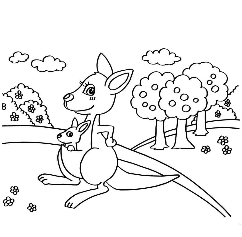 Dibujo de Caricatura Madre y Bebé Canguro para Colorear y Imprimir