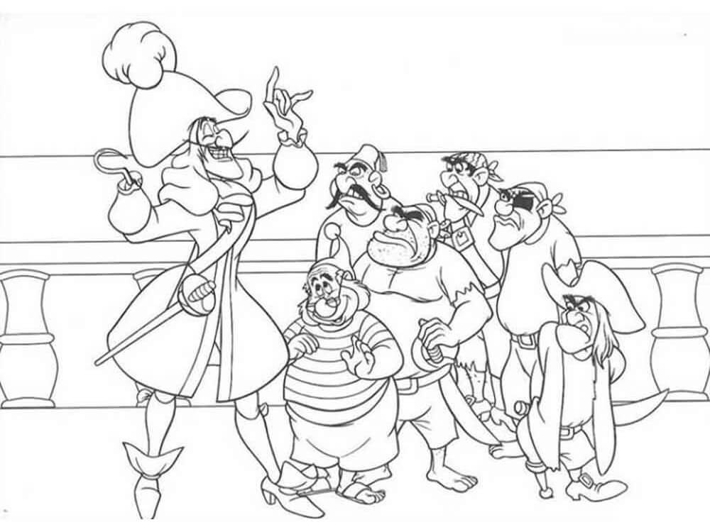 dibujo capitan garfio y miembros de la tripulacion para colorear