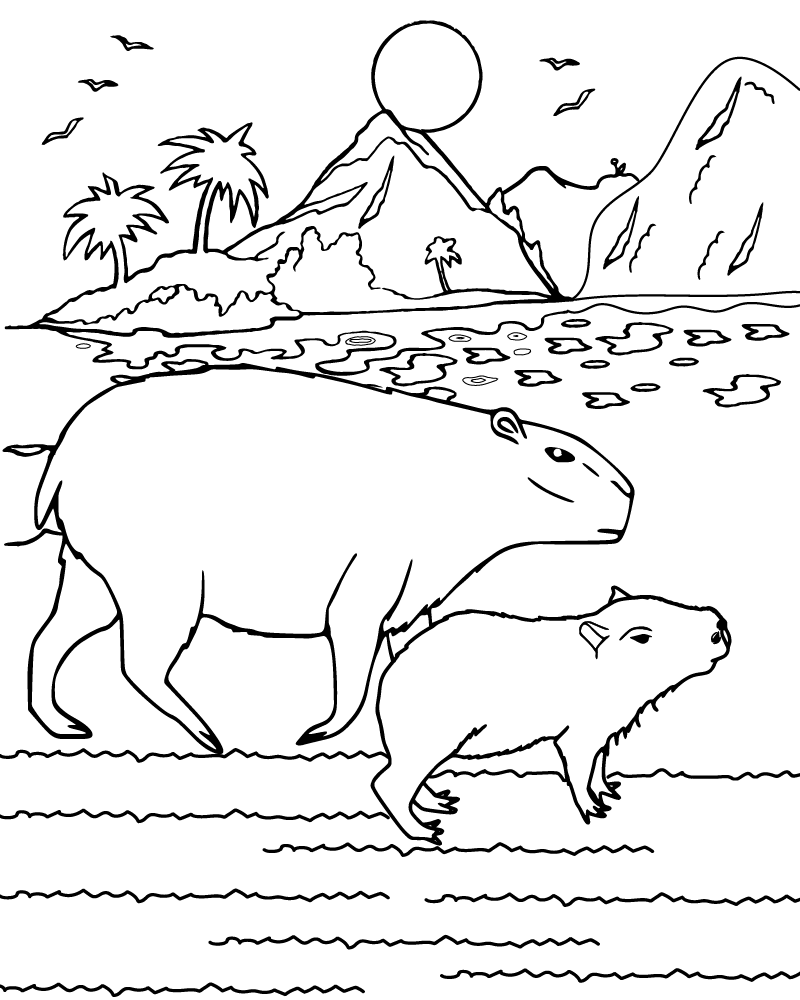 dibujo capibaras paseando por la playa para colorear