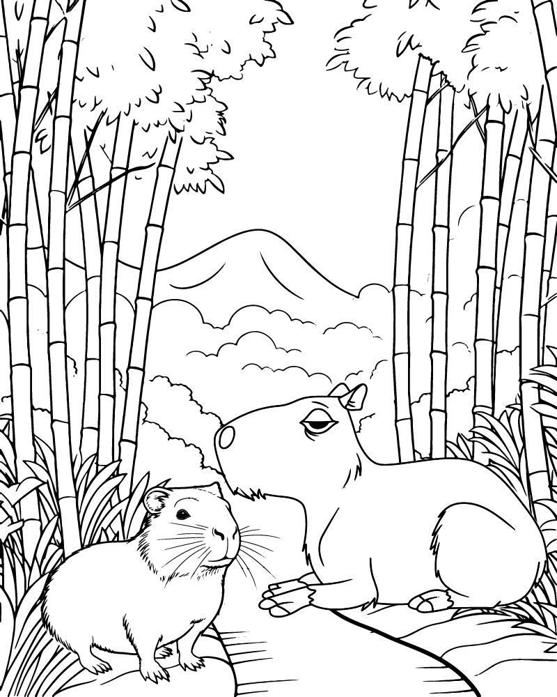 Dibujo de Capybara And Friend In Bamboo Forest Coloring Page para Colorear y Imprimir