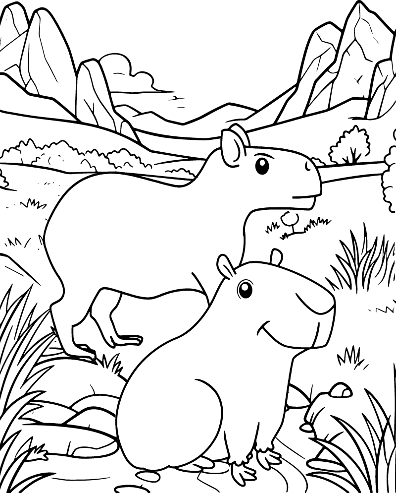 Dibujo de Capybara Family Coloring Page para Colorear y Imprimir