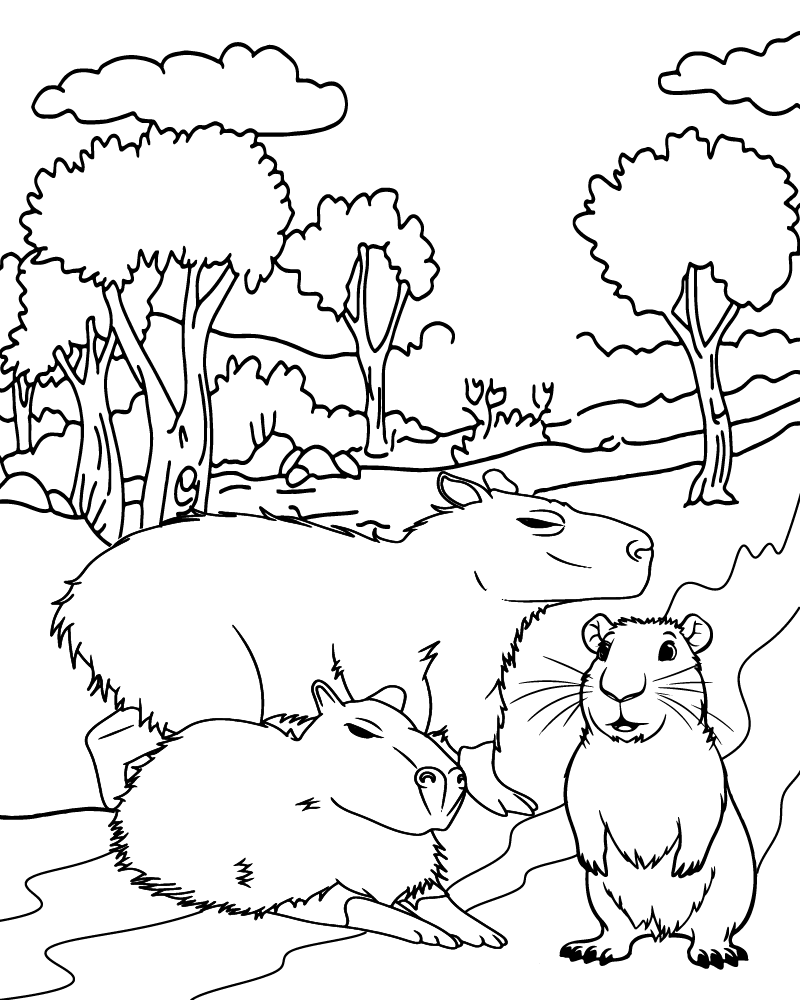 Dibujo de Capybara Family In The Savanna Coloring Page para Colorear y Imprimir