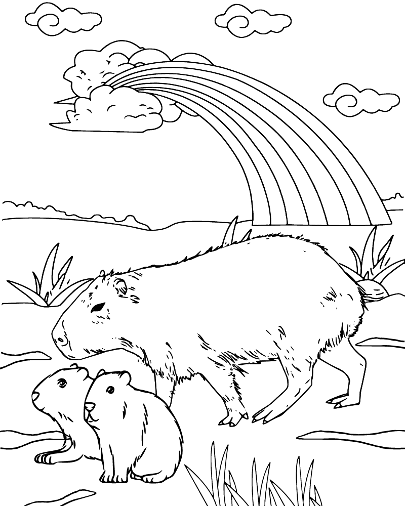 Dibujo de Capybara Family Under The Rainbow Coloring Page para Colorear y Imprimir