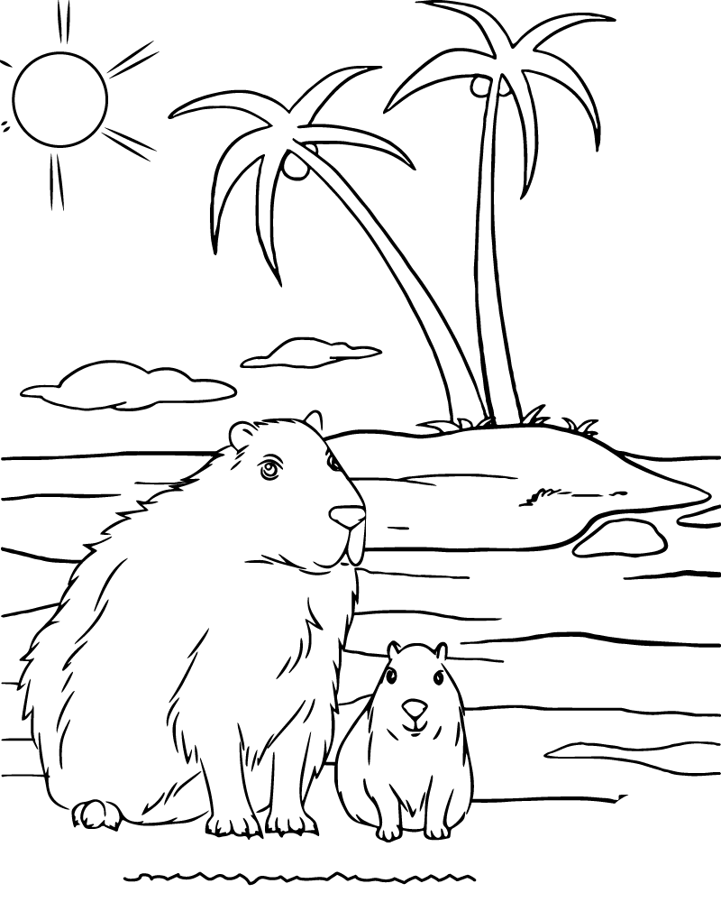 Dibujo de Capybara Mother And Baby On Tropical Island Coloring Page para Colorear y Imprimir