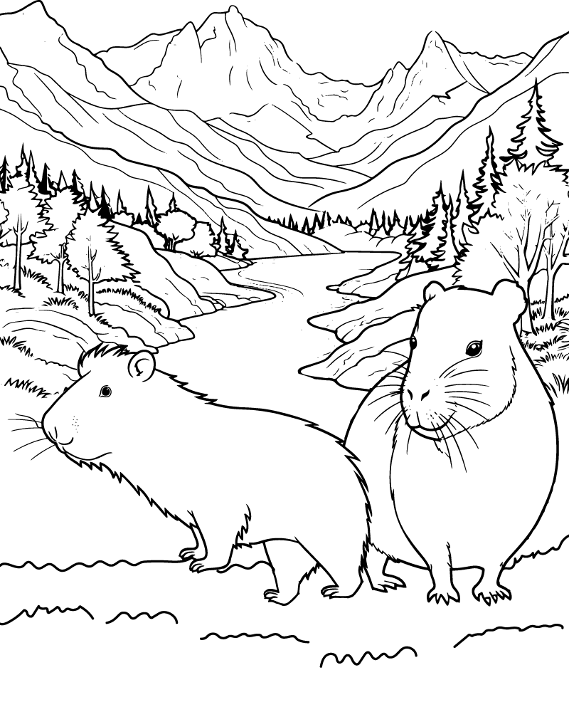 Dibujo de Capybaras In The Mountain Valley Coloring Page para Colorear y Imprimir
