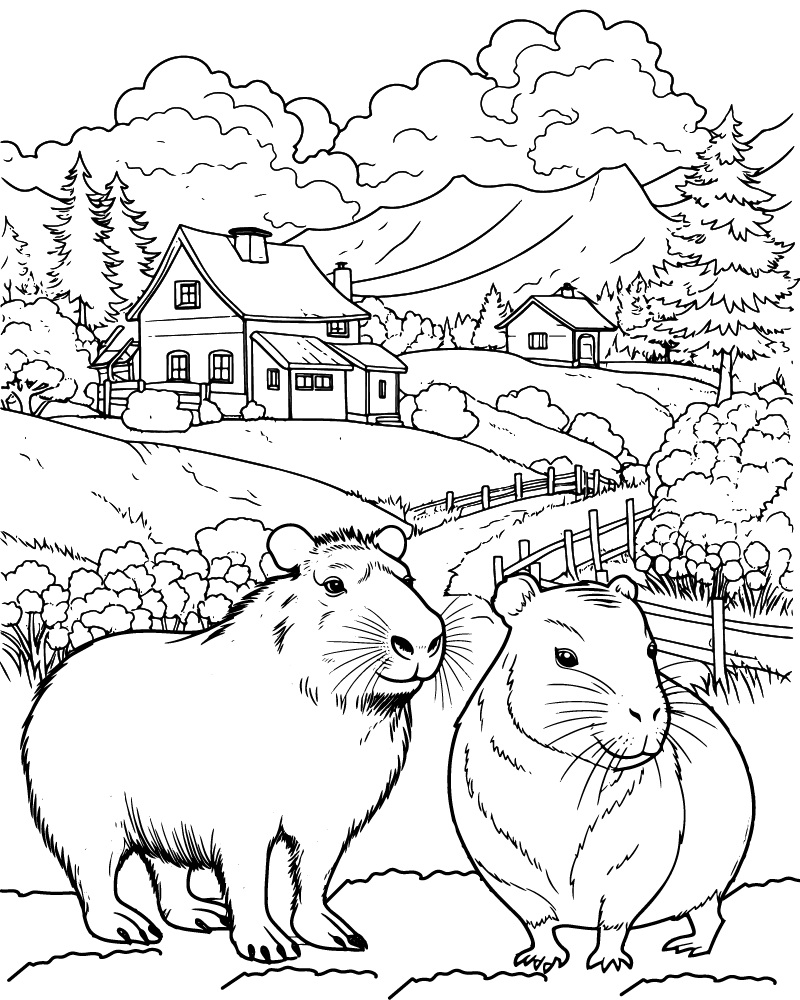 Dibujo de Capybaras Near Cozy Farmhouse Coloring Page para Colorear y Imprimir
