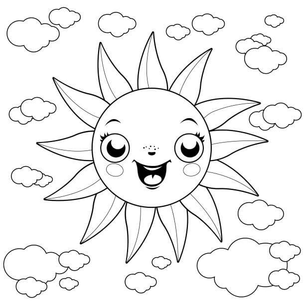 Dibujo de Nube y Carita Sonriente de Sol para Colorear y Imprimir