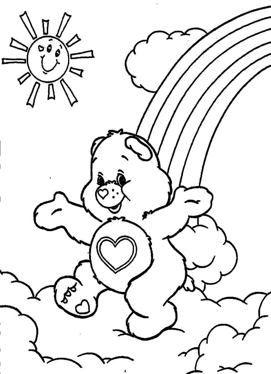 Dibujo de Oso Cariñoso y Arco Iris para Colorear y Imprimir