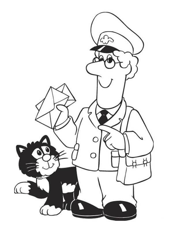 Dibujo de Cartero Pat Sonriendo y Gato para Colorear y Imprimir