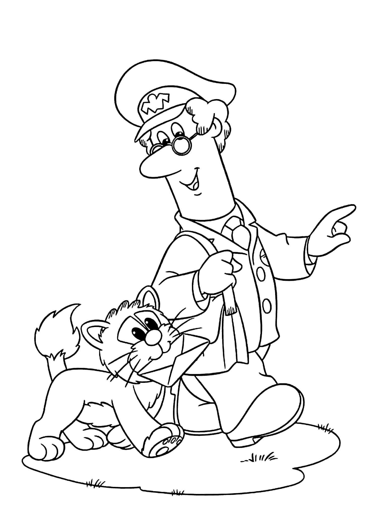 Dibujo de Cartero Pat y Gato Caminando para Colorear y Imprimir