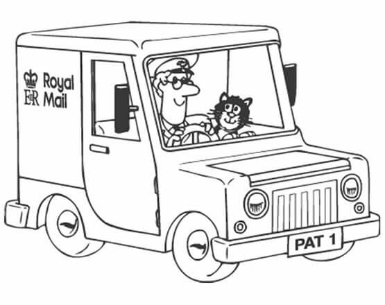 Dibujo de Cartero Pat y Gato En El Coche para Colorear y Imprimir