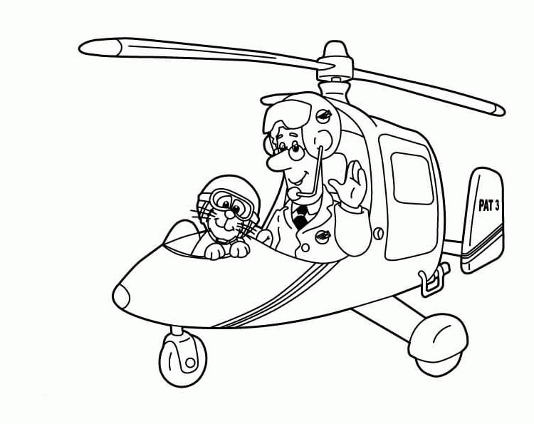 Dibujo de Cartero Pat y Su Gato En Helicóptero para Colorear y Imprimir