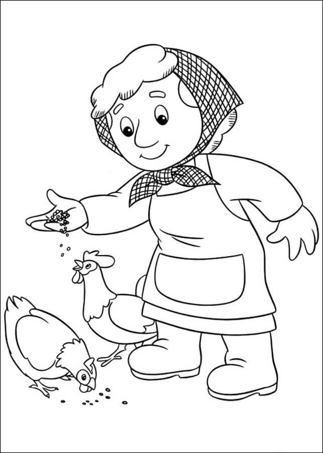 Dibujo de La Esposa Del Cartero Pat da de Comer a Las Gallinas para Colorear y Imprimir