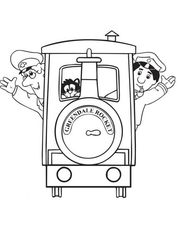 Dibujo de Pat El Cartero Toma El Paseo Del Cohete Grendale El Tren para Colorear y Imprimir