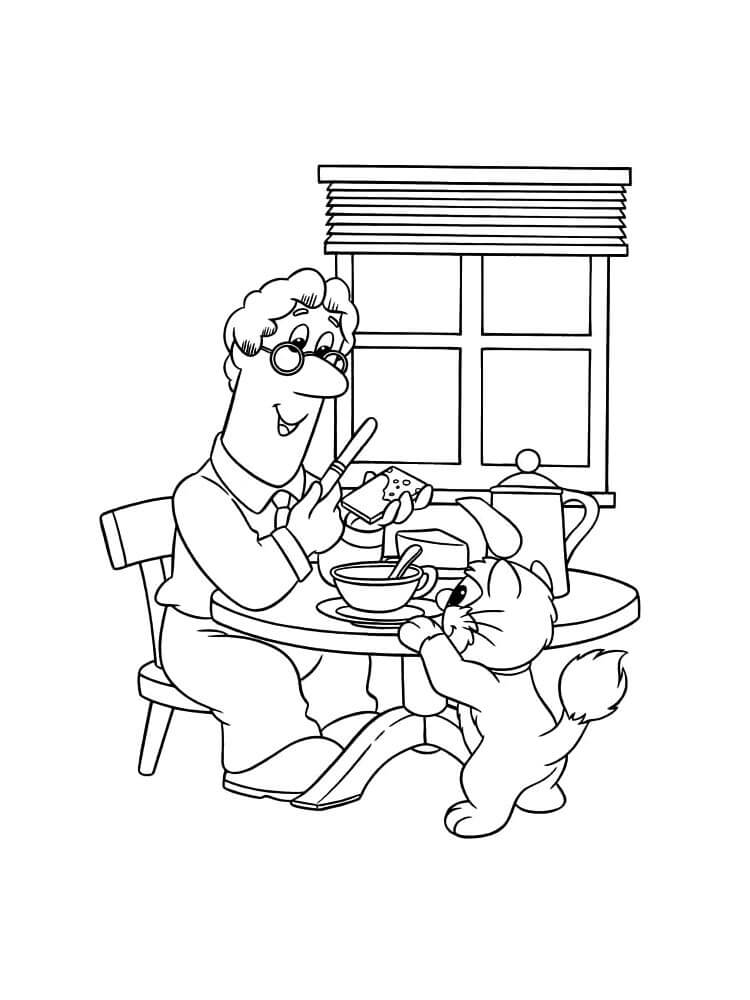 Dibujo de Pat El Cartero y El Gato Comiendo para Colorear y Imprimir