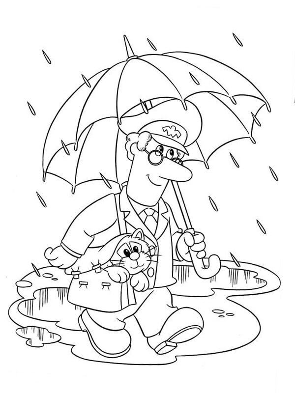 Dibujo de Pat El Cartero y Su Gato Caminando Bajo La Lluvia para Colorear y Imprimir