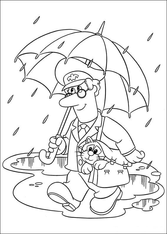 Dibujo de Cartero Con Gato Caminando Bajo La Lluvia para Colorear y Imprimir