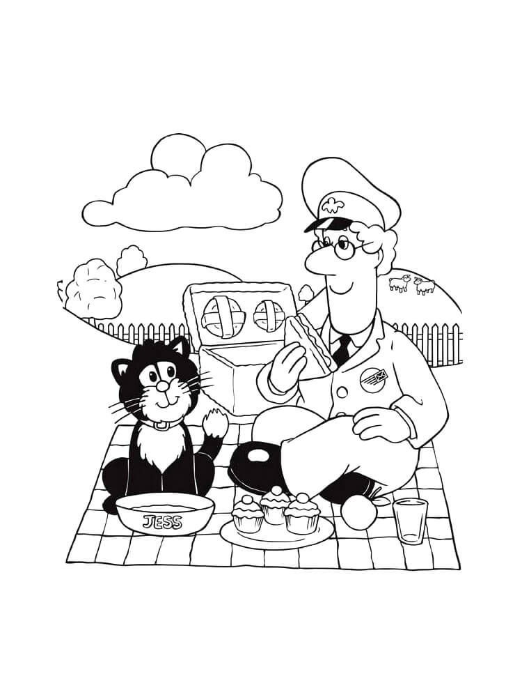 Dibujo de Cartero y Gato Sentado para Colorear y Imprimir