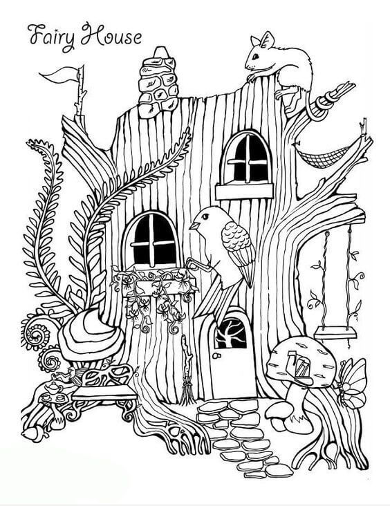 Dibujo de Casa de Hadas Con Animal para Colorear y Imprimir