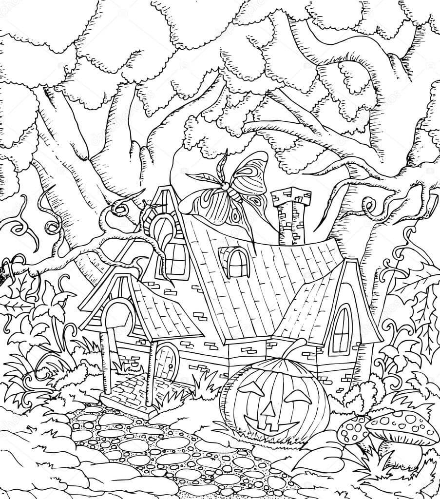 Dibujo de Casa de Hadas En Halloween para Colorear y Imprimir