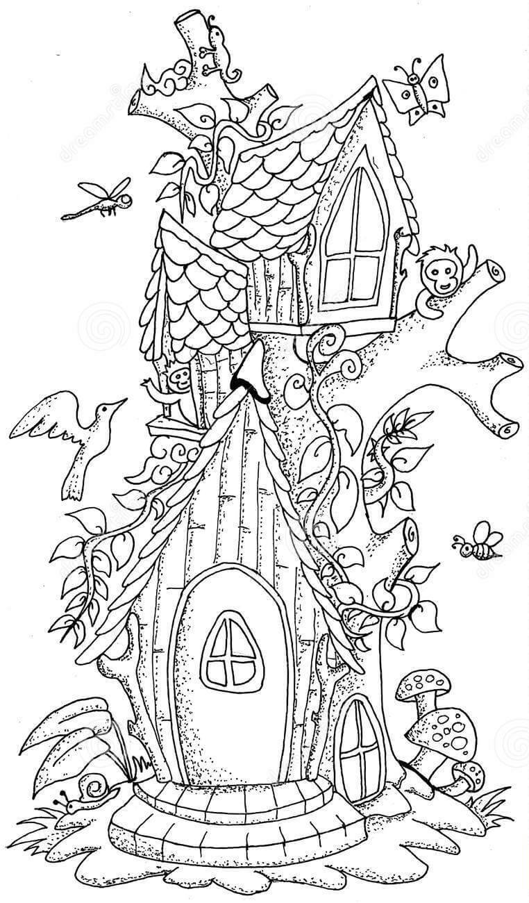 Dibujo de Casa de Hadas y Animal para Colorear y Imprimir