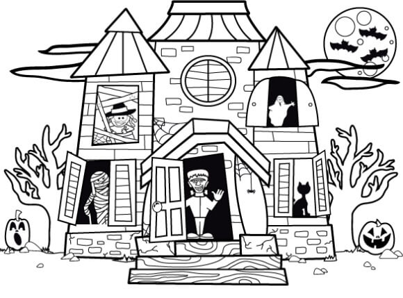 Dibujo de Casa Encantada de Halloween para Colorear y Imprimir