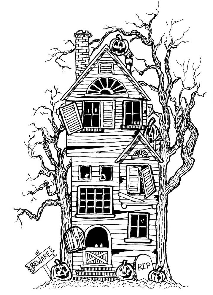 Dibujo de Casa Encantada Espeluznante para Colorear y Imprimir