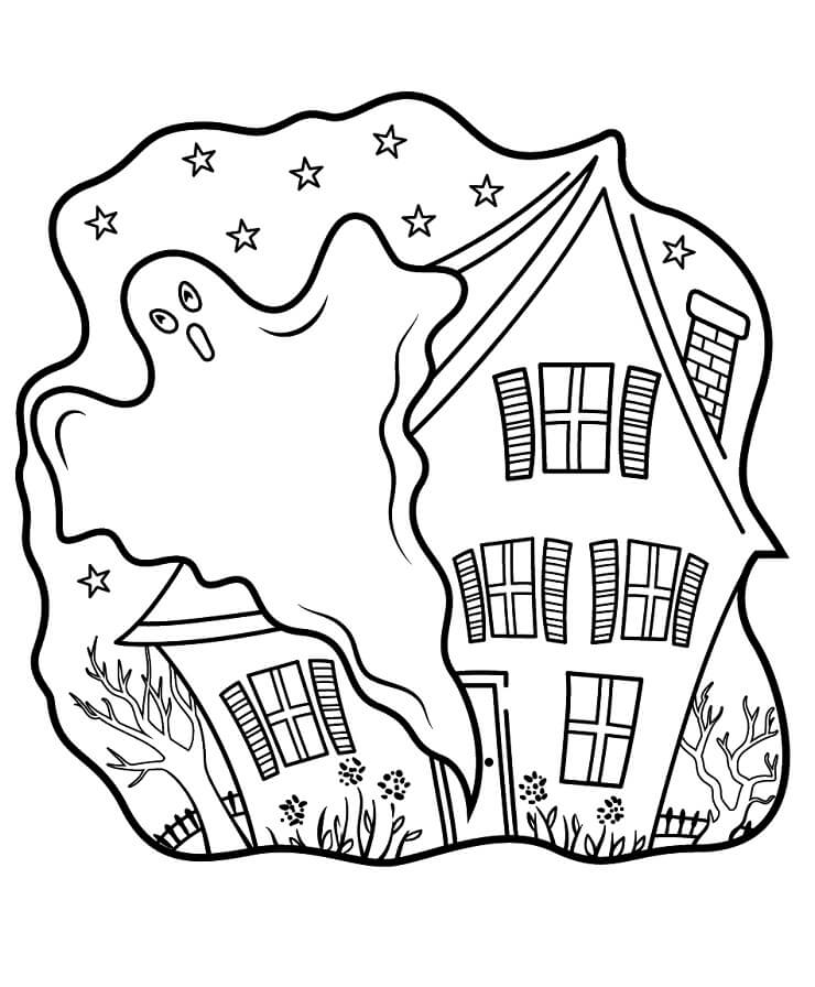Dibujo de Casas Encantadas Con Fantasma para Colorear y Imprimir