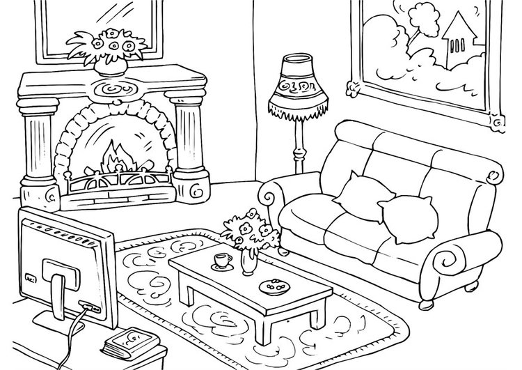 Dibujo de Sala de Estar Con Calentador para Colorear y Imprimir