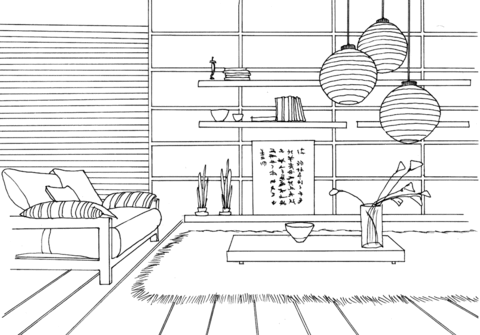 Dibujo de Sala de Estar Japonesa para Colorear y Imprimir