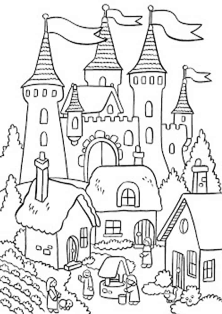 Dibujo de Aldeanos y Castillos para Colorear y Imprimir