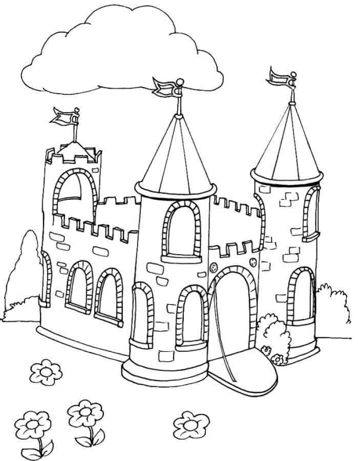 Dibujo de Castillo Con Nube y Flores para Colorear y Imprimir