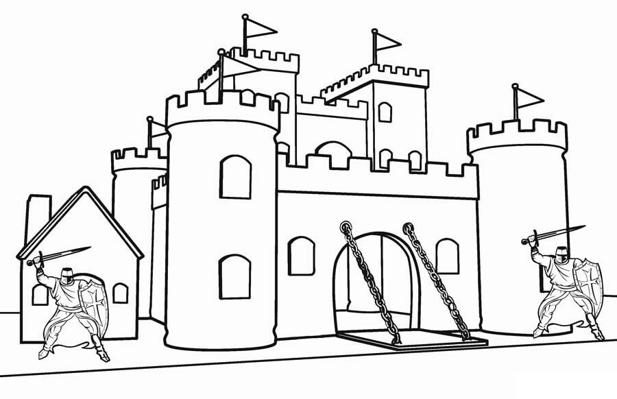 Dibujo de dos Caballeros En El Castillo para Colorear y Imprimir