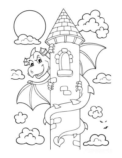 Dibujo de Dragón Con Castillo para Colorear y Imprimir