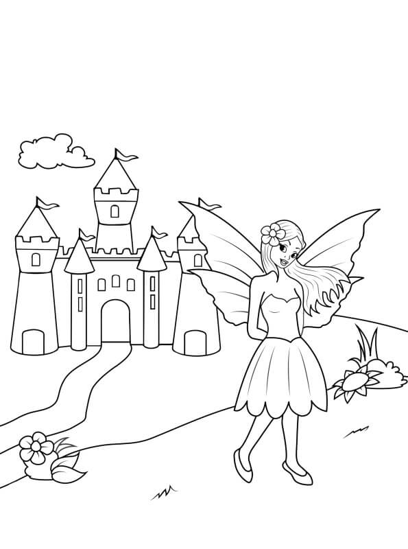 Dibujo de Hada y Castillo para Colorear y Imprimir