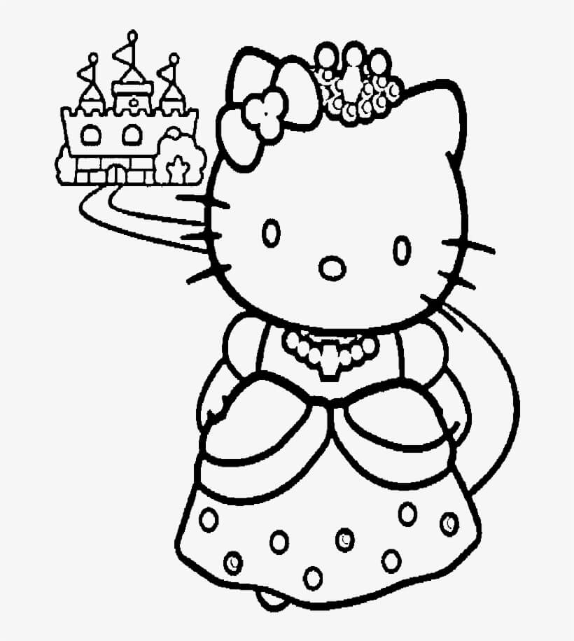 Dibujo de Hello Kitty y Un Bonito Castillo para Colorear y Imprimir