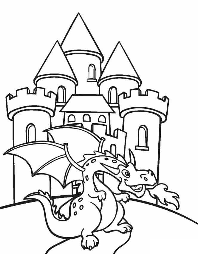 Dibujo de Lindo Dragón y Castillo para Colorear y Imprimir