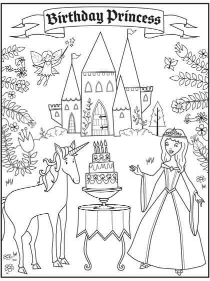 Dibujo de Princesa de Cumpleaños En El Castillo para Colorear y Imprimir